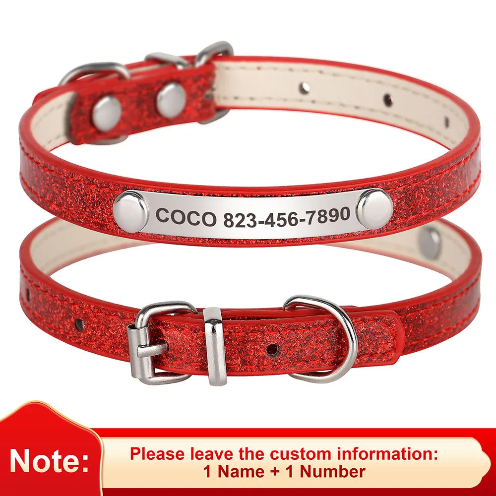 Custom Cat Collar Bling Leather Pet Cat Collars Personalized Carved Kitten Small Dogs Puppy Necklace With Engraved ID Nameplate