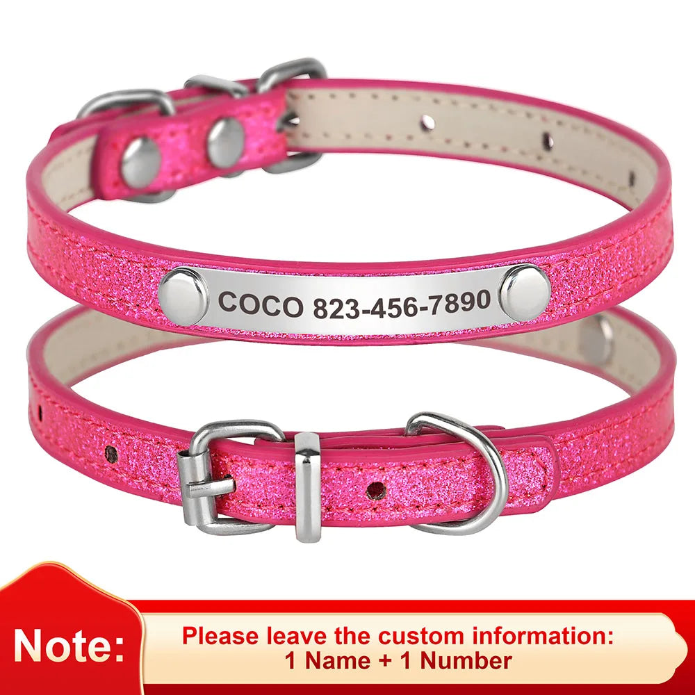 Custom Cat Collar Bling Leather Pet Cat Collars Personalized Carved Kitten Small Dogs Puppy Necklace With Engraved ID Nameplate