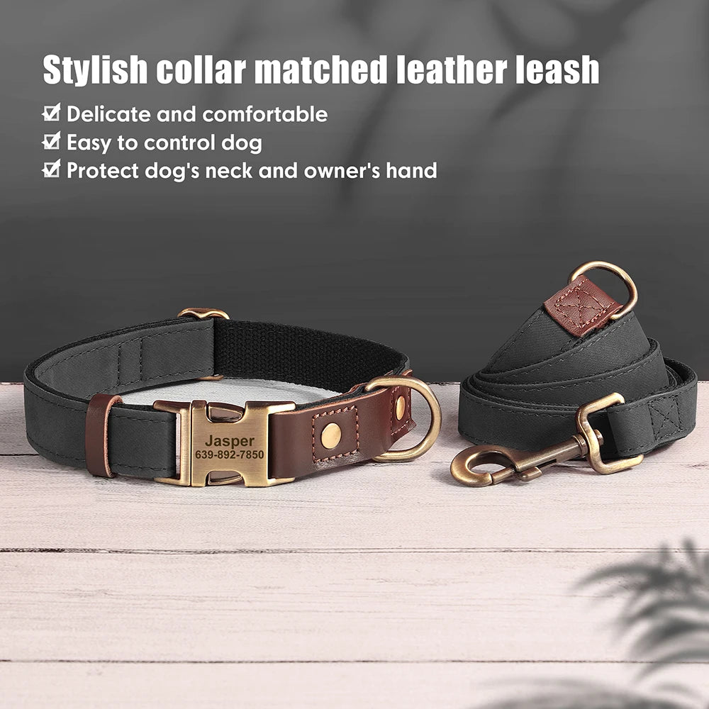Personalized Dog Collar Leash PU Leather Dog Collars With Walking Lead Rope Free Custom Pet ID Necklace for Small Large Dogs Pug
