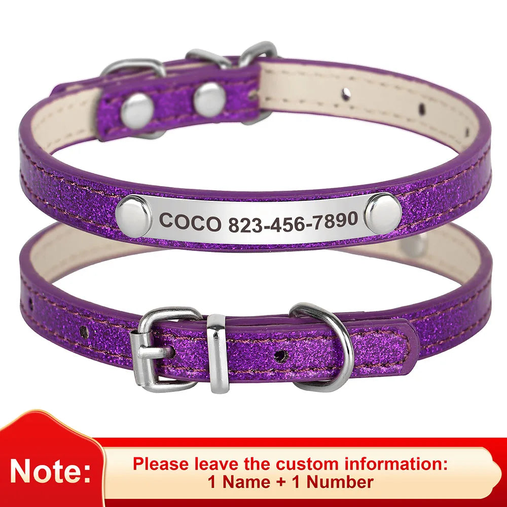 Custom Cat Collar Bling Leather Pet Cat Collars Personalized Carved Kitten Small Dogs Puppy Necklace With Engraved ID Nameplate
