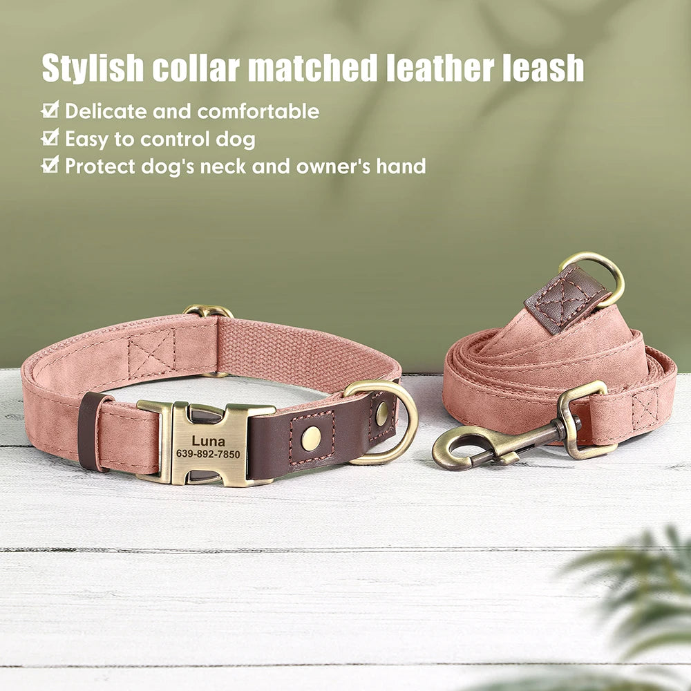 Personalized Dog Collar Leash PU Leather Dog Collars With Walking Lead Rope Free Custom Pet ID Necklace for Small Large Dogs Pug