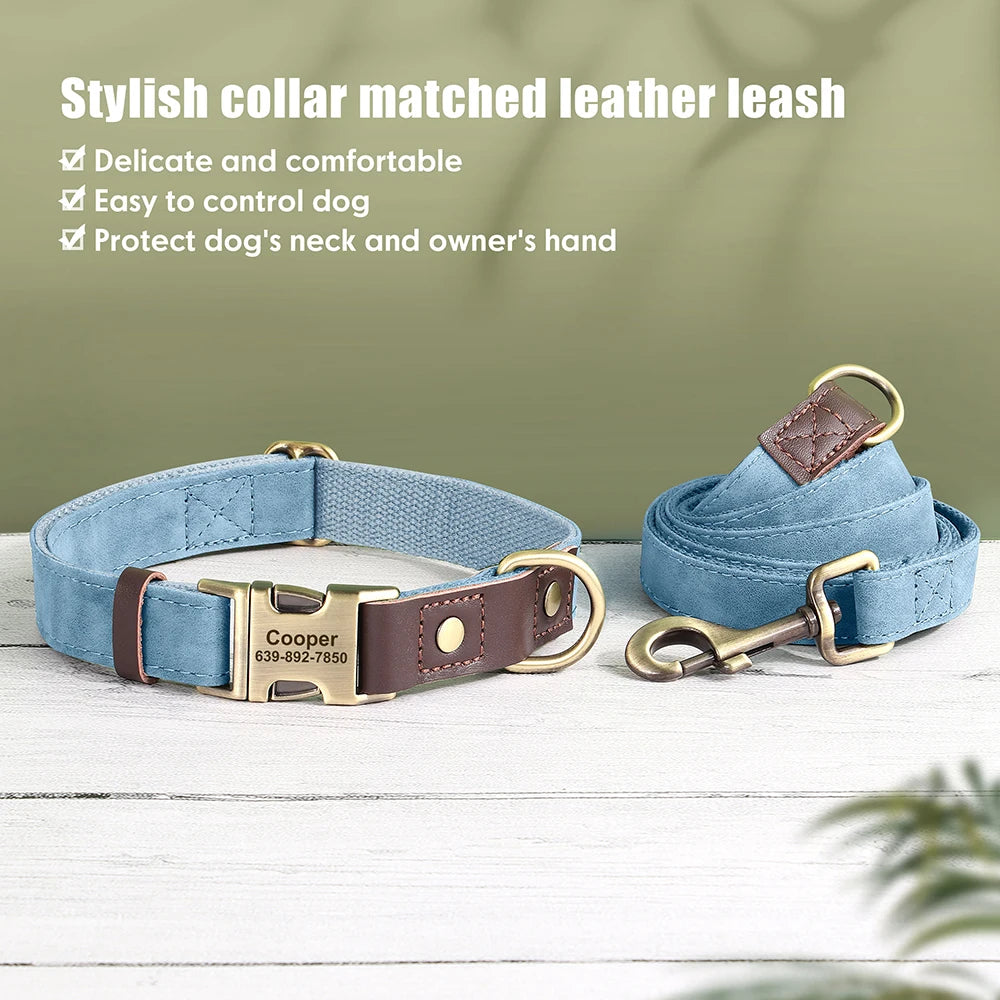 Personalized Dog Collar Leash PU Leather Dog Collars With Walking Lead Rope Free Custom Pet ID Necklace for Small Large Dogs Pug