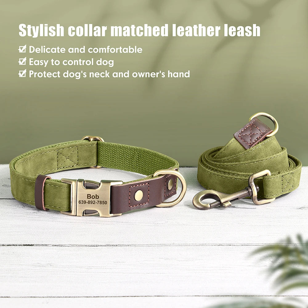 Personalized Dog Collar Leash PU Leather Dog Collars With Walking Lead Rope Free Custom Pet ID Necklace for Small Large Dogs Pug