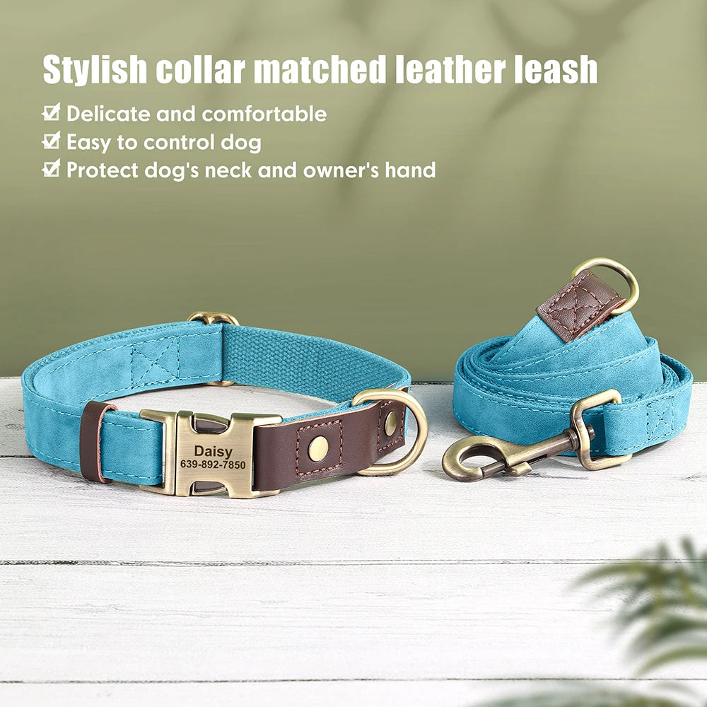 Personalized Dog Collar Leash PU Leather Dog Collars With Walking Lead Rope Free Custom Pet ID Necklace for Small Large Dogs Pug
