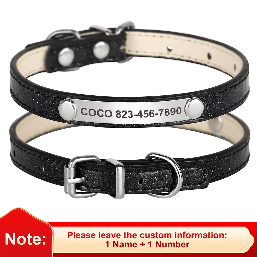 Custom Cat Collar Bling Leather Pet Cat Collars Personalized Carved Kitten Small Dogs Puppy Necklace With Engraved ID Nameplate